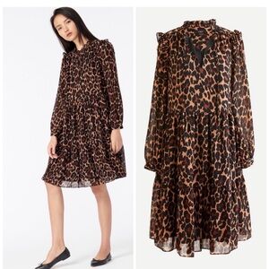 JCrew‎ Tie-neck tiered dress in leopard crinkle chiffon size S relaxed fit